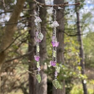Nature Inspired Leafy Butterfly Earrings - Purple - Drop Dangle Stainless Steel